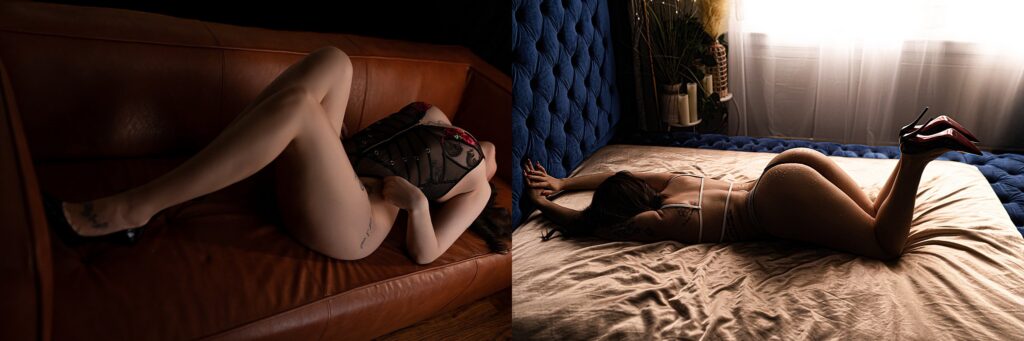 Woman in lingerie reclining on a leather sofa during her BombShell Boudoir session in Kentucky