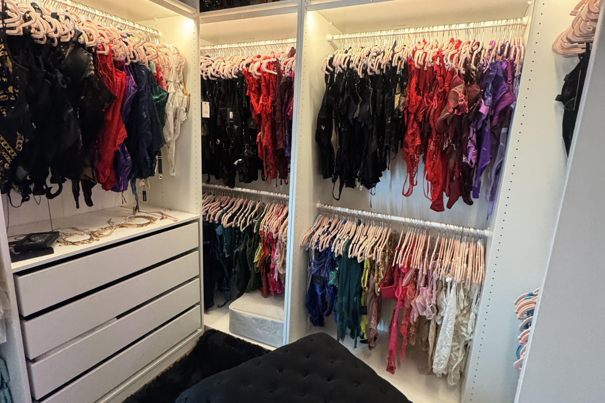 Luxury client closet with 500+ lingerie pieces in sizes S-6XL at BombShell Boudoir in Crestwood KY